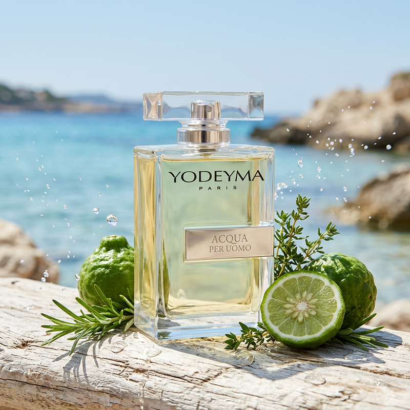 Yodeyma Acqua per Uomo férfi parfüm bergamottal, aromás fűszernövényekkel és uszadékfán a tengerparton – aromás-vizes illatjegyek