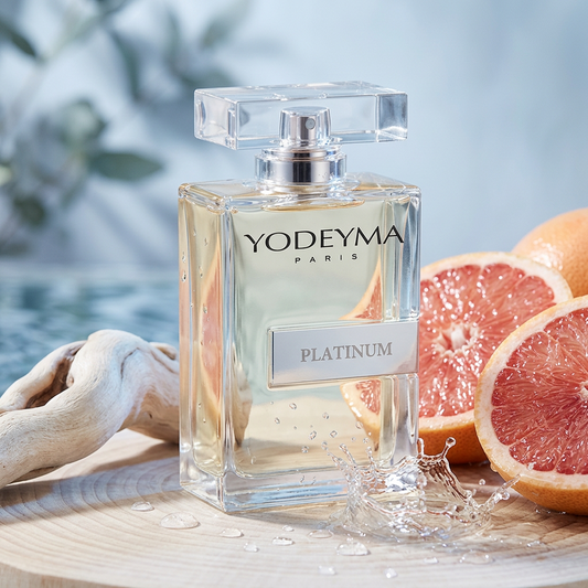 Yodeyma Platinum férfi parfüm grapefruittal, vízcseppekkel és uszadékfával – friss, fás-vizes illatjegyek