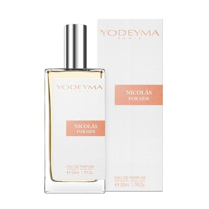 Yodeyma Nicolas For Her 50 ml-es EDP női parfüm közepes kiszerelésben, áttetsző üvegben